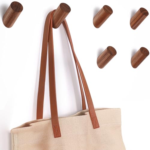 Felidio Wood Wall Hooks, 6 Pack Natural Wooden Coat Hooks Wall-Mounted, Rustic Heavy Duty Hook for Hanging Towels Coats Plants, Entryway Hat Hanger Wall Coat Rack (Walnut Wood) - color: Black Walnut - 6 Pack