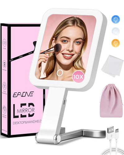 EAONE Magnifying Mirror with LED Light, Double Sided Travel Makeup Mirror 10X/1X with Storage Bag, 3 Color Lighting & Dimmable Touch Screen for Trip, Desk, Bathroom (10.3 x 5.2IN)- Silver - color: White + Silver