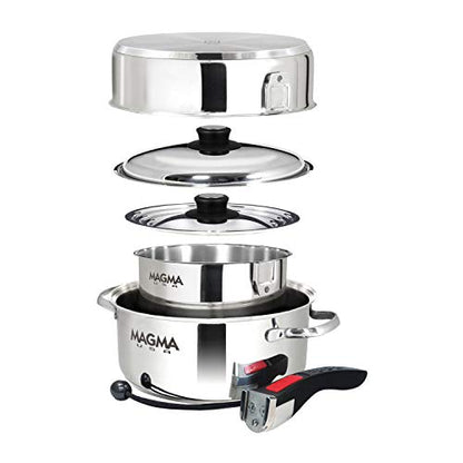 Magma 7 Piece Gourmet Nesting Stainless Steel Cookware Set with Ceramica Non-Stick, Induction Compatible, Oven Safe to 500°F - Suitable for All Stovetops, Removable Handles, Stainless Steel - color: Stainless Steel, style: 7 Piece, Non-stick