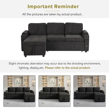 83.5" L-Shaped Foldable Sofa Couch, Modern Chenille Pull Out Couch with UAB, Convertible Love Seat Sofa Bed with Adjustable Back and Pillow for Living Room, RV, Small Spaces (Black, 83.5") | Modern Chenille - color: Black, size: 83.5"