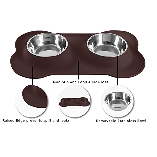 Hubulk Pet Dog Bowls 2 Stainless Steel Dog Bowl with No Spill Non-Skid Silicone Mat + Pet Food Scoop Water and Food Feeder Bowls for Feeding Small Medium Large Dogs Cats Puppies (Medium, Chocolate) - color: Chocolate, size: Medium