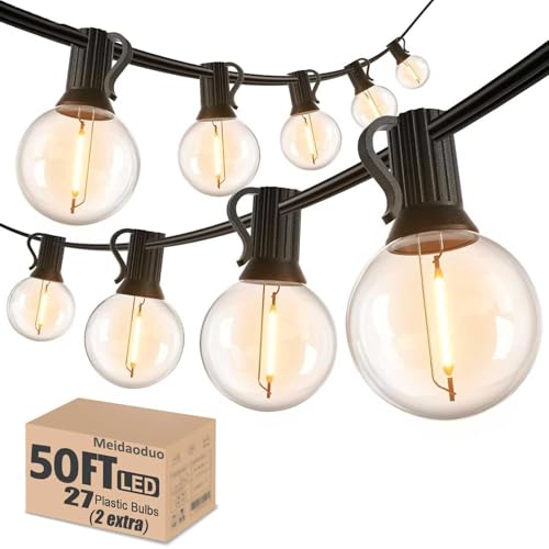 Outdoor String Lights 50FT G40 LED Globe Bulbs - Shatterproof, Connectable, Waterproof - 27 Bulbs (2 Extra), 25 E12 Hanging Lights for Patio, Bistro, Pergola, Gazebo - color: Black G40, size: 50 Feet