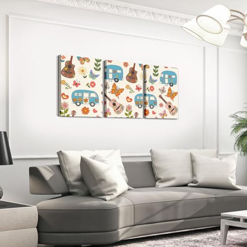 Erosebridal Happy Camping Framed Wall Decor Boho Camper Canvas Wall Art For Bedroom Retro 70S Hippie Guitar Paintings Posters 3 Piece 12"X16" Boho Florals Wildflower Butterfly Pictures Prints - color: Beige Blue Brown Pink Green