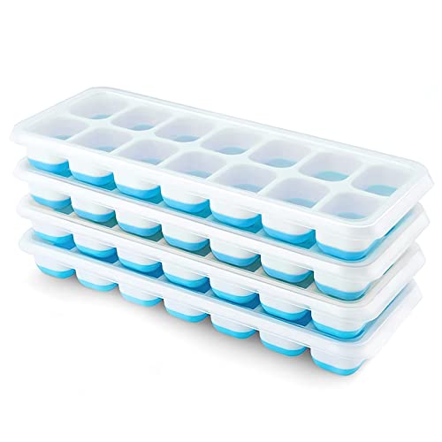 Ice Cube Trays 4 Pack, Airabc Silicone Ice Cube Trays with Removable Lid, Easy-Release Flexible 14-cube Ice Trays, LFGB Certified and BPA Free, Stackable Ice Trays with Covers for Cocktail, Freezer - color: Blue