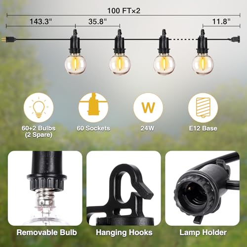 ZJOJO 200FT Outdoor String Lights, G40 Globe Outdoor Lights with 60 Shatterproof LED Bulbs 2700K, IP65 Waterproof Patio Light String Lights for Outside Backyard Porch Party - size: 200FT-60