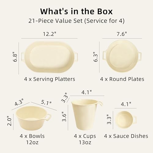 Dinnerware Set for 4, 21-Piece Unbreakable Plates and Bowls Set with Mesh Bag, Cups, Sauce Dishes and Serving Platters, Lightweight Outdoor Dish Set for Picnic, RV, Patio, BBQ, Cream White - color: Cream White