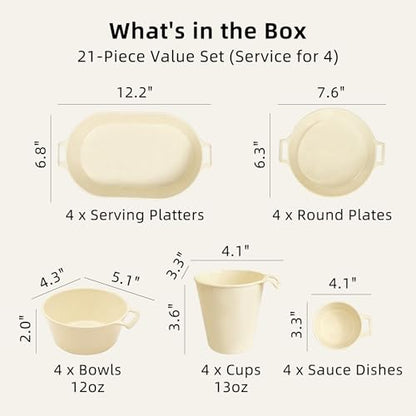 Dinnerware Set for 4, 21-Piece Unbreakable Plates and Bowls Set with Mesh Bag, Cups, Sauce Dishes and Serving Platters, Lightweight Outdoor Dish Set for Picnic, RV, Patio, BBQ, Cream White - color: Cream White