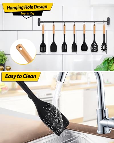 Silicone Kitchen Utensil Set for Non Stick Cookware, 7 Pcs Heat Resistant Cooking Utensils with Wooden Handle, BPA Free Kitchen Tools with Spatulas, Spoons, Skimmer and Pasta Fork (BLACK) - color: Black