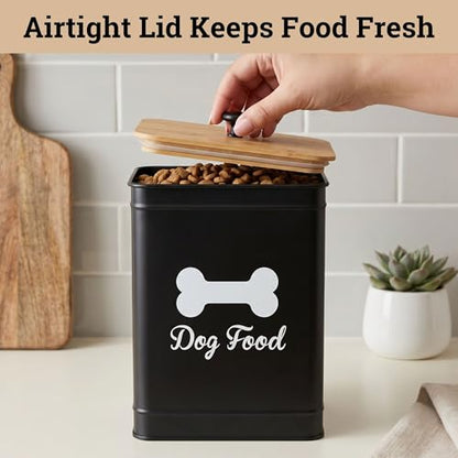 Dog Food Container Airtight 5-7 lb (25 Cup) Capacity - Cute Airtight Dog Food Storage Container with Bamboo Lid & Sturdy Metal Handle - Black Metal Kibble Storage Bin for Dogs up to 50 lbs - Pet Jar - color: Black