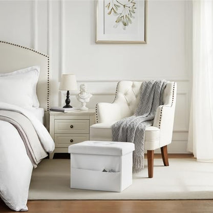 Bsketa Storage Ottoman Foot Rest Stool, Small Leather Storage Ottomans Bench, Folding Footstool with Side Pockets, Foot Rest Under Desk for Living Room Bedroom, 16x12x12 in, White - color: White-with Side Pockets.