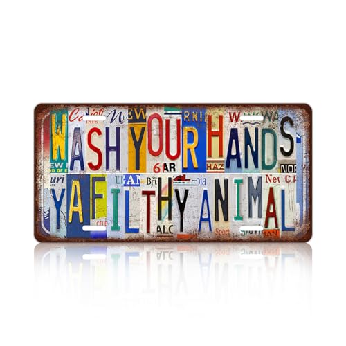 Vintage Bathroom License Plate Wall Decor Wash Your Hands Ya Filthy Animal Metal Tin Sign 12 x 6 Inches - color: Plate-313