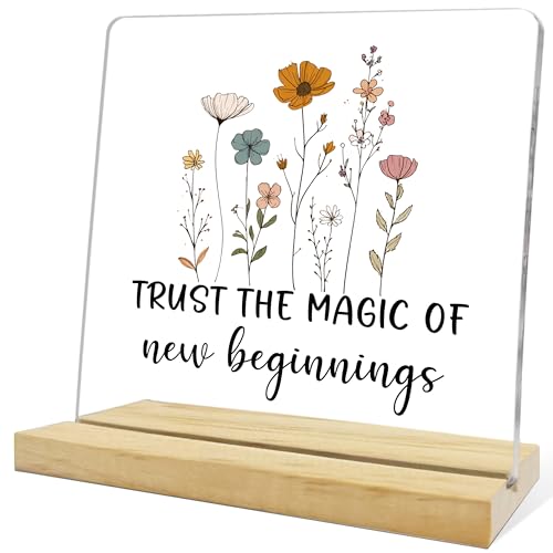 New Beginnings Gifts for Women,Trust The Magic Of New Beginnings Acrylic Plaque,Farmhouse Office Kitchen Bathroom Shelf Table Decoration - color: Red