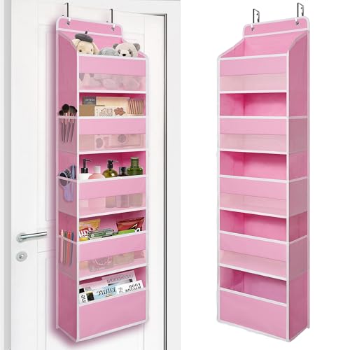 TYMENSH Pink Over Door Organizer with 5 Large Clear Pockets and 6 Side Mesh Pockets, Anti-Tilt Hanging Door Storage for Nursery, Bedroom, Bathroom, Closet, Toys, Baby Essentials - color: Pink
