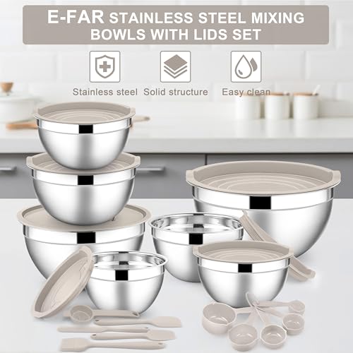 E-far Mixing Bowls with Lids Set, 21PCS Stainless Steel Mixing Salad Bowls with 3 Grater Attachments, Size 7, 4.6, 3.5, 2.6, 2, 1.5, 1QT, Nesting Design & Khaki Airtight Lid, For Baking/Prepping - color: Khaki, size: 7 Large Sizes