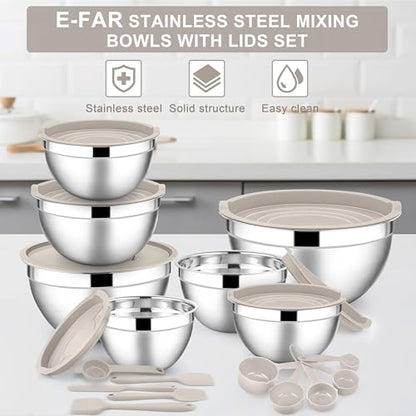 E-far Mixing Bowls with Lids Set, 21PCS Stainless Steel Mixing Salad Bowls with 3 Grater Attachments, Size 7, 4.6, 3.5, 2.6, 2, 1.5, 1QT, Nesting Design & Khaki Airtight Lid, For Baking/Prepping - color: Khaki, size: 7 Large Sizes
