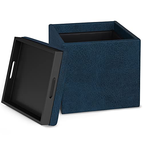 SIMPLIHOME Rockwood Cube Storage Ottoman with Tray - 17" Wide x 17" High Upholstered Vegan Leather Square Storage Ottoman in Distressed Dark Blue, Contemporary Cube Ottoman with Serving Tray - color: Distressed Dark Blue