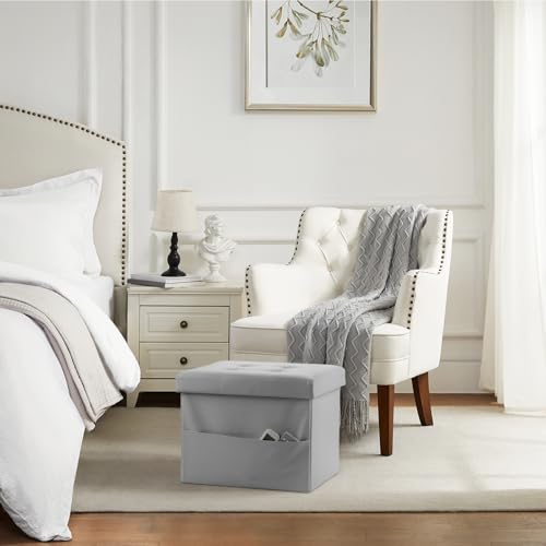 Bsketa Storage Ottoman Foot Rest Stool, Small Leather Storage Ottomans Bench, Folding Footstool with Side Pockets, Foot Rest Under Desk for Living Room Bedroom, 16x12x12 in, Grey - color: Grey-with Side Pockets..