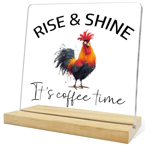 Rooster Decor for Kitchen，Coffee Bar Desk Decor for Women,Rise & Shine It's Coffee Time Acrylic Desk Plaque - color: Sky blue