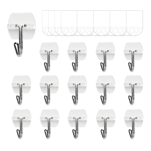 15 Clear Small Wall Hooks with 20 Strips for Hanging, Wire Toggle Hooks for Walls No Damage, Utility Hooks Heavy Duty with Adhesive Strips for Hanging Decorations in Living Spaces, No Tools.
