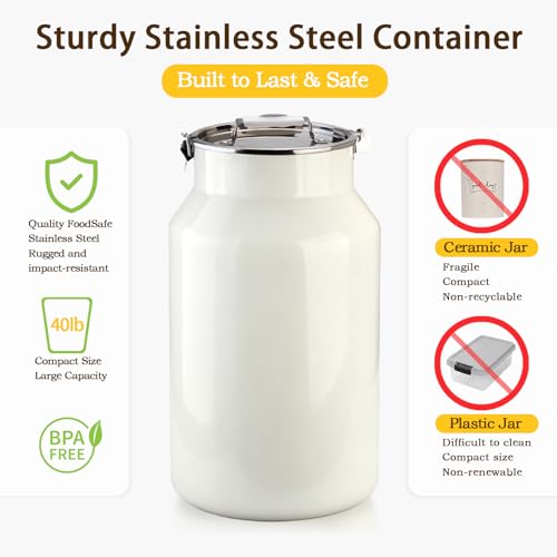 Dog-Cat Food Storage Container 40 lb/38 Qt, Large Stainless Steel Pet Food Bin with Airtight Lid & Scoop Included, Durable 304 Metal Storage for Dogs & Cats - size: 38 Qt