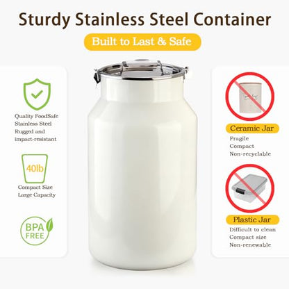 Dog-Cat Food Storage Container 40 lb/38 Qt, Large Stainless Steel Pet Food Bin with Airtight Lid & Scoop Included, Durable 304 Metal Storage for Dogs & Cats - size: 38 Qt