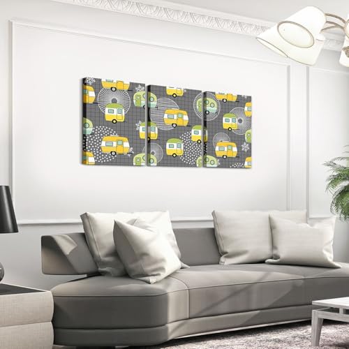 Erosebridal Retro Camper Framed Wall Decor Happy Camping Canvas Wall Art For Bedroom Bathroom Abstract Geometric Paintings Posters 3 Piece 12"X16" Grey Grid Checkered Pictures Prints - color: Gray Yellow White Green