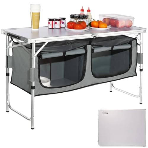 VEVOR Camping Kitchen Station, 3 Adjustable Height Folding Outdoor Camp Cooking Table with Storage Organizer, Quick Set-up for Patio BBQ Picnic Glamping Traveling - color: Grey