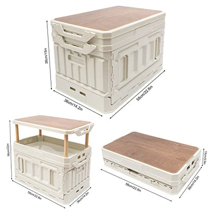 Folding Storage Box, Outdoor Portable Campings Tent, PP Folding Box Table Equipment, Camping Box with Wooden Cover 95L for Camping,Home,Car Trunk, White
