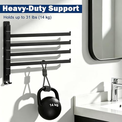 NearMoon Swivel Towel Rack, 13.8" Thicken 304 Stainless Steel 4-Arm Towel Bar, Space Saving Wall Mounted Towel Holder with Hook, Rustproof Swing Out Towel Hanger for Bathroom, Square (Matte Black) - color: Matte Black, size: 13.8 Inch-Squ