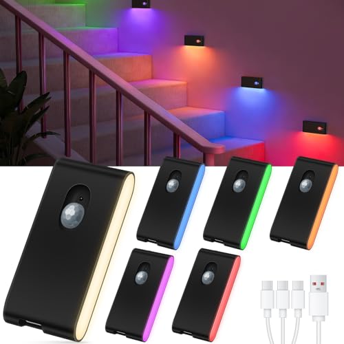 WILLED Rechargeable Night Light, RGB & Warm White Stair Lights Indoor, Color Changing Motion Sensor Light Indoor, Motion Sensor Night Light for Stair,Hallway,Bathroom,Cabinet,Closet,Kitchen,6 Pack - color: Black, size: 6 Pack