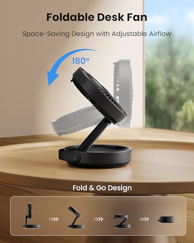 Gaiatop Foldable Small Desk Fan with LED Night Light, Wireless 6000mAh Battery Powered Portable Fan USB Rechargeable, Bedroom Office Dorm Travel Camping Cruise Essentials, Gifts for Women Men, Black - color: Black
