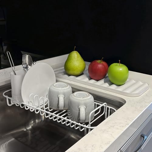 SunnyPoint 304 Stainless Steel NeverRust Compact Dish Drying Rack with Utensil Holder & Removable Drain Tray, Rustproof Small Dish Rack for Kitchen Countertop or Over Sink – White - color: Wht