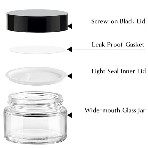 1 oz Glass Jars with Lids & Inner Liners, 4 Pack Small Glass Jars Thick Round Airtight Travel Containers for Cosmetics Cream Lotions Powders | Candle Making Jar - color: 1 oz Clear-Black Lid