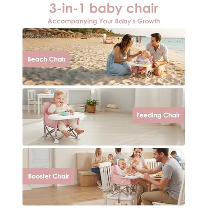 Tiny Marvels Baby Chair, Portable & Foldable for Travel & Beach, Ages 6M-3Y | BPA-Free Material, 3-Point Harness, 3-in-1 Baby Chair, Removable Tray & Carry Bag, Sturdy with Reinforcement, Non-Slip Feet - color: Pink