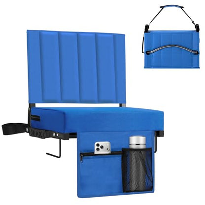 Stadium Seat for Bleachers with Back Support, Portable Bleacher Seat with Wide Comfy Padded Cushion, Metal Hook, Folding Stadium Chair with Shoulder Strap, Carry Handle, Cup Holder, Blue - color: Blue