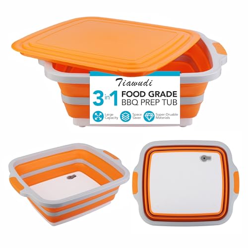 Tiawudi Large Collapsible BBQ Prep Tub with Lid(4.22 Gal/16L), Foldable Camping Sink with Colander, Cutting Board, Dish Basin for Kitchen, Bowl, Vegetable and Fruit, Storage Basket for Picnic - color: Orange, size: 20"L x 16.3"W
