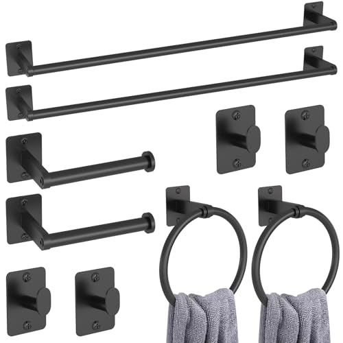 KLJKPA 10 Pieces Bathroom Accessories Set, Bathroom Hardware Set, 24 inch Towel Bar, Towel Racks for Bathroom, Robe Towel Hooks, Toilet Paper Holder Wall Mounted, Black - color: Black, size: 10 Piece