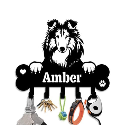 NIWAHO Dog Leash Holder Wall Mount Personalized Name - Custom Collie Metal Sign with Bone Key Hooks, Pet Leash and Key Organizer for Entryway - color: Collie