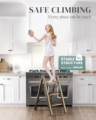 3 Step Ladder, Folding Step Stool with Wider Pedal, Anti-Slip Feet & Non Slip Stripes, Aluminum Sturdy Material, 300Lbs Capacity, Elegant Look of Champagne Gold Better Matches Your Home - color: Champagne Gold, size: 3 Step