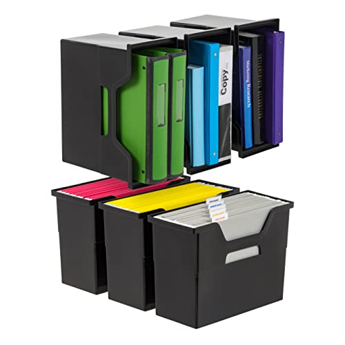 IRIS USA Medium Portable Desktop File Box with Open Lid, 6 Pack, Side Handles, Tabs & Inserts, Hanging File Folders, Letter-Size File Magazine Newspaper Mail Document Notebook, Black - size: 6 - Pack, style: Open Top Bin (M - Black)