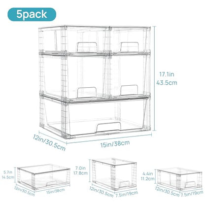 Vtopmart Clear Stackable Storage Drawers Set of 5, Easily Assemble Acrylic Bathroom Undersink Organizers,Plastic Storage Bins for Closet,Cabinet,Pantry,Medicine Organization - style: 1 Wide+2 Medium+2 Small