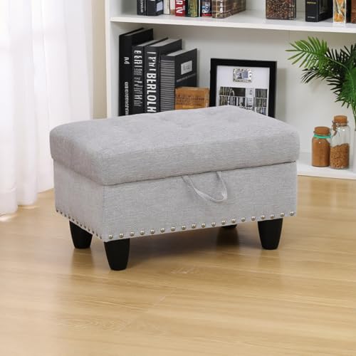Chesterfield Ottoman with Storage,28.5"Large Square Storage Retro Rivet Ottoman Footstool Bench Coffee Table with Thick Cushion for Home Decor/Entryway/Living Room/Bedroom/Rv,Grey Light Linen - color: Grey Light Linen