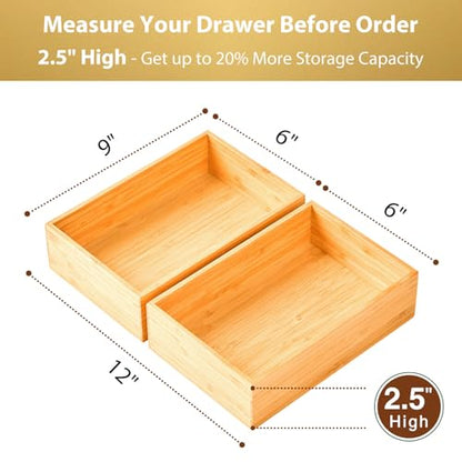 Umilife Bamboo Kitchen Drawer Organizer, Extra High Silverware Tray, Flatware Cutlery Storage Box, Multi-Use Holder in Office, Bathroom, Pantry - 9"x6"x2.5" (Set of 2) - size: 9 x 6 x 2.5" (Standard, Set of 2)