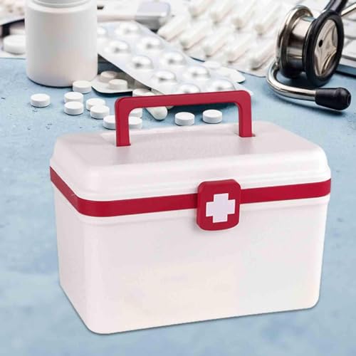 Medical First Aid Box with Handle and Detachable Tray, Double Layer Medicine Storage Case, Multipurpose Emergency Supplies Organizer for Home/Office/Travel/Car/Dorms