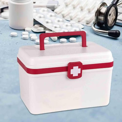 Medical First Aid Box with Handle and Detachable Tray, Double Layer Medicine Storage Case, Multipurpose Emergency Supplies Organizer for Home/Office/Travel/Car/Dorms