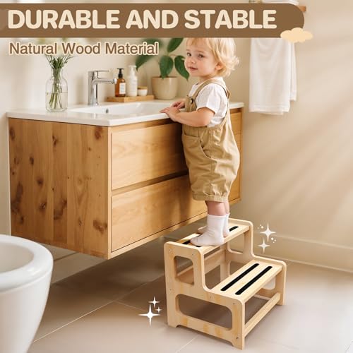 Toddler Step Stool, Step Stool for Kids, Toddler Stool for Bathroom Sink & Potty Training, Wooden Step Stools w Non Slip Base for Kitchen, Bedroom - color: Light Brown