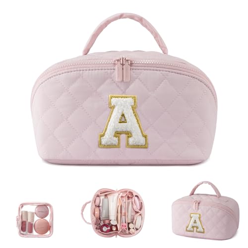 LOVEVOOK Travel Makeup Bag for Women, 2Pcs Puffer Waterproof Cosmetic Organizer, Large Capacity Pouch Open Flat Small Toiletry Bag with Brush Compartment & Handle (Pink-A, Medium) - color: Pink-A, size: Medium