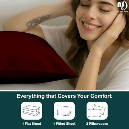 NON Sticky cotton 4 Piece Premium Egyptian Cotton King Bed Sheet Set, 15" Deep Pocket Fitted, Easy Care, Soft Sheets for Bedroom and Home Mattress, 78" x 80", Burgundy Solid - color: Burgundy Solid, size: King
