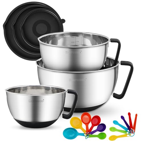 Rorence Stainless Steel Mixing Bowls Set: Metal Mixing Bowl with Lids and Handles Non-slip Silicone Bottom Nesting Bowls for Kitchen Set of 3 - color: Black Set