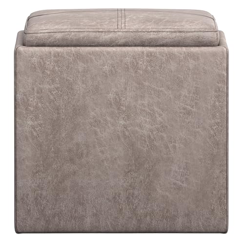 SIMPLIHOME Rockwood Cube Storage Ottoman with Tray - 17" Wide x 17" High Upholstered Vegan Leather Square Storage Ottoman in Distressed Grey Taupe, Contemporary Cube Ottoman with Serving Tray - color: Distressed Grey